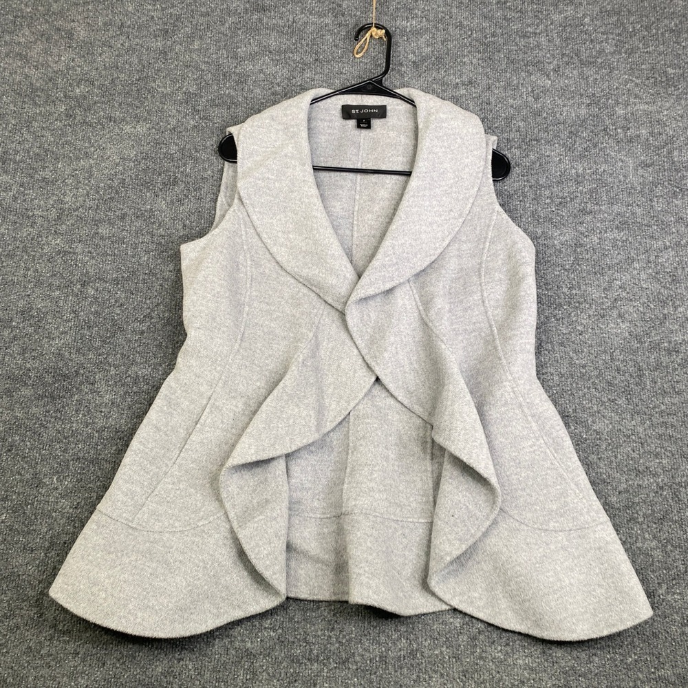 St. John Gray Angora Wool Blend Draped Open Front Vest Shawl Collar Size 2